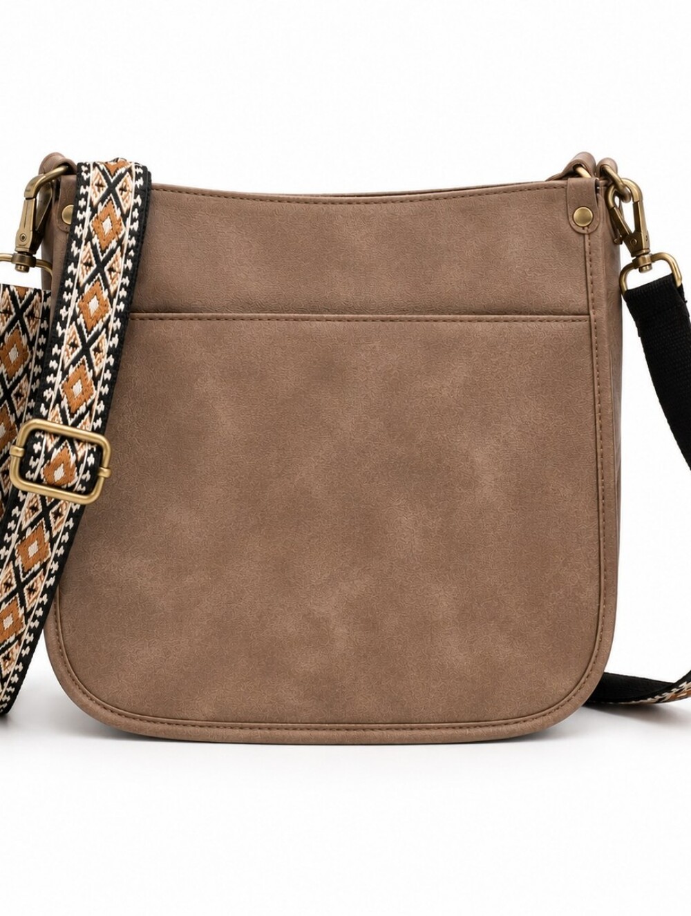 Taupe Crossbody Bag with Patterned Strap - Women Messenger Bag